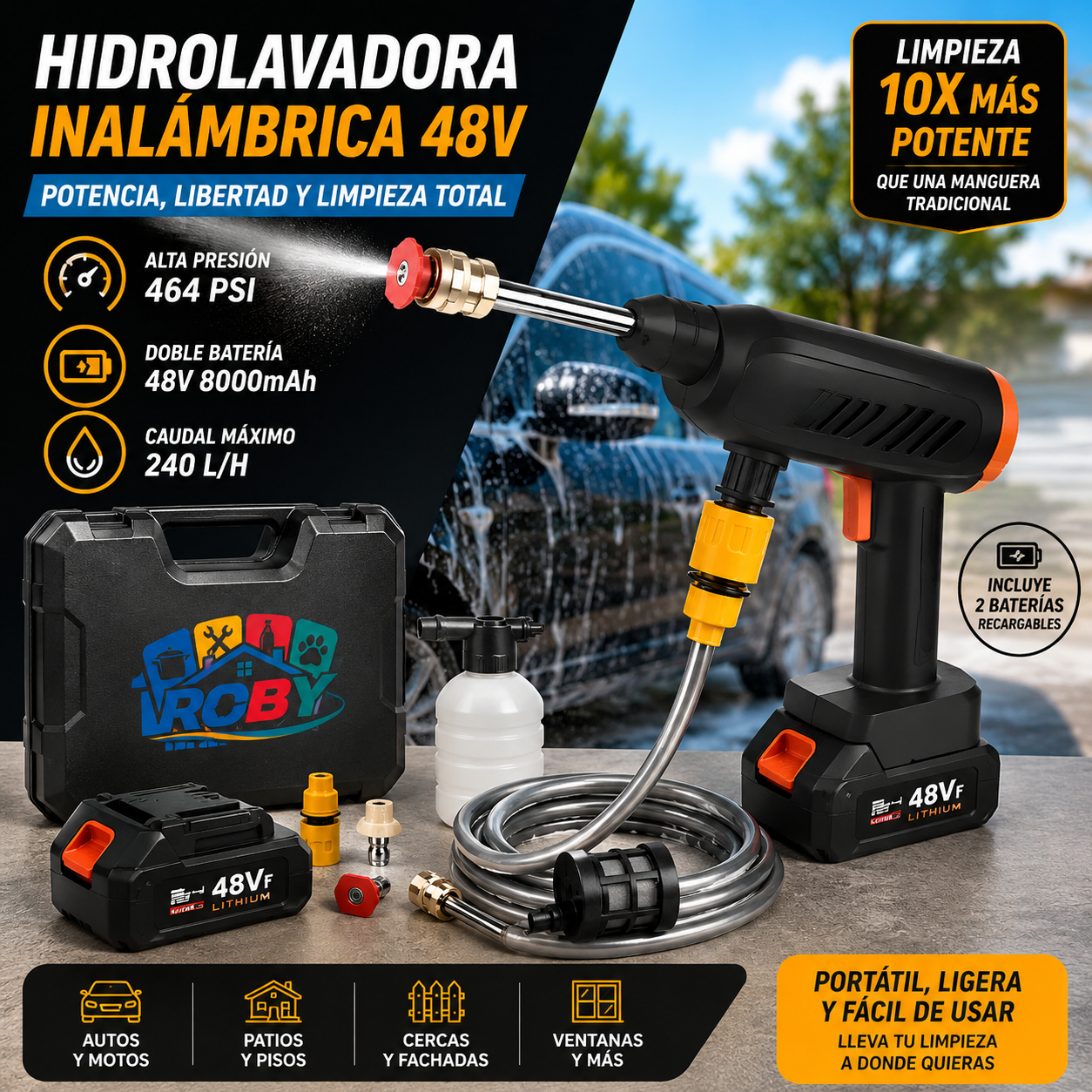 Hidrolavadora Inalambrica Portátil Recargable - 2 Baterías Color Negro