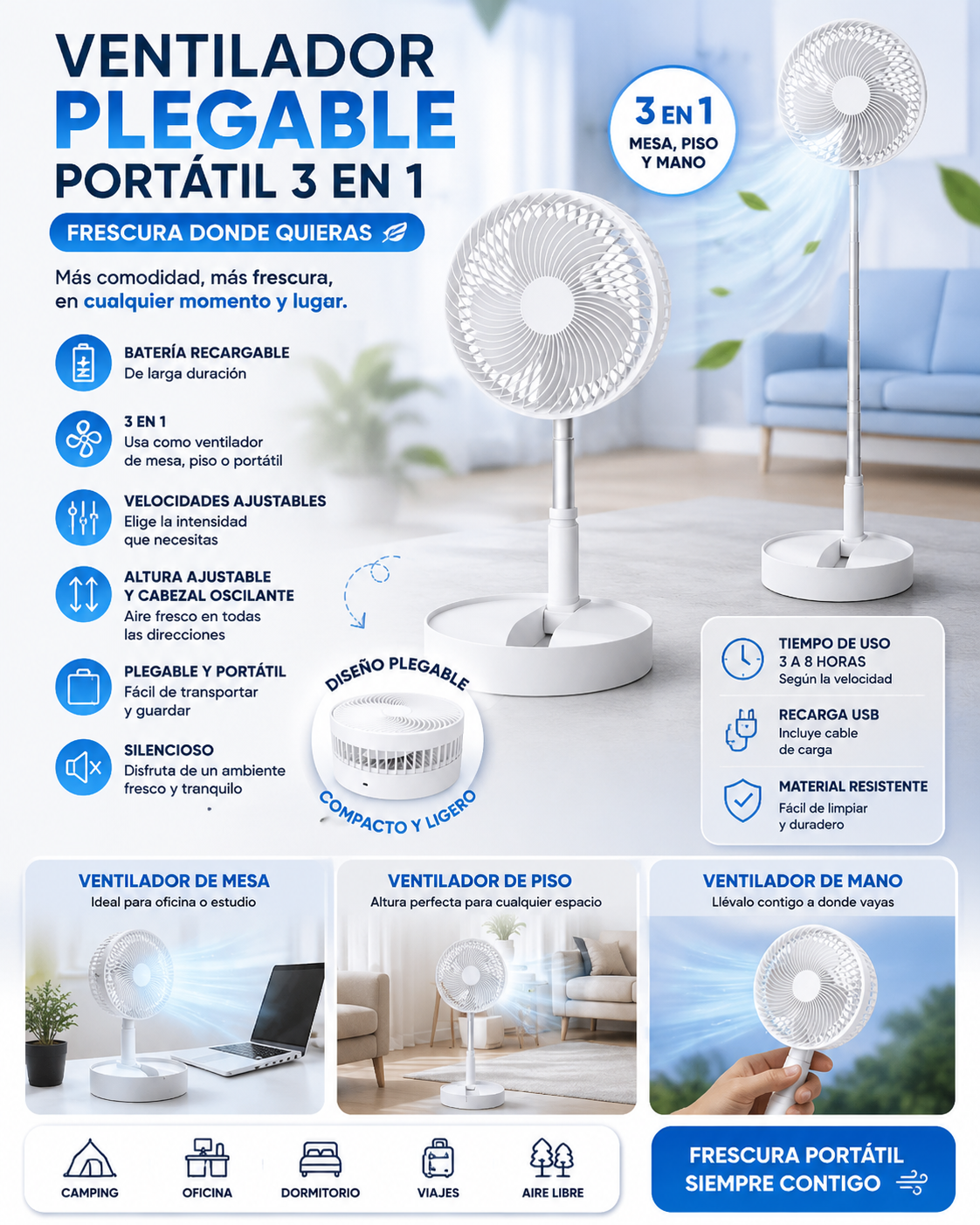 Ventilador Plegable Portátil 3 En 1 Recargable