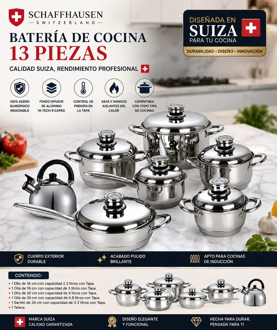 Batería De Ollas 13 Piezas Acero Termostato Schaffhausen Color Plateado