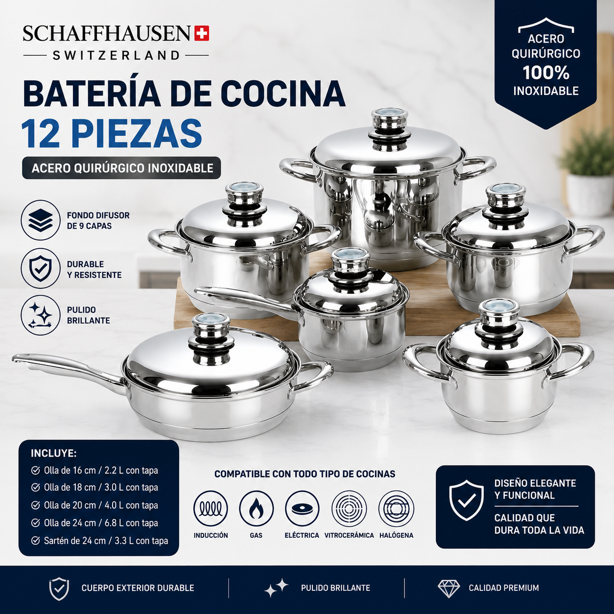 Batería de Ollas Schaffhausen 12 Piezas Acero Quirúrgico Inducción