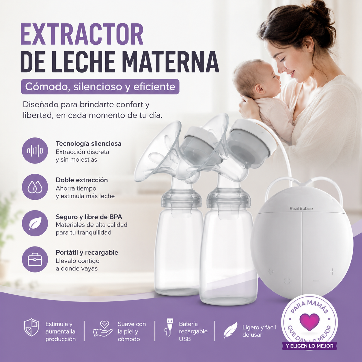 Sacaleches Eléctrico Doble Real Bubee RBX-8023S-2 Extracción Suave