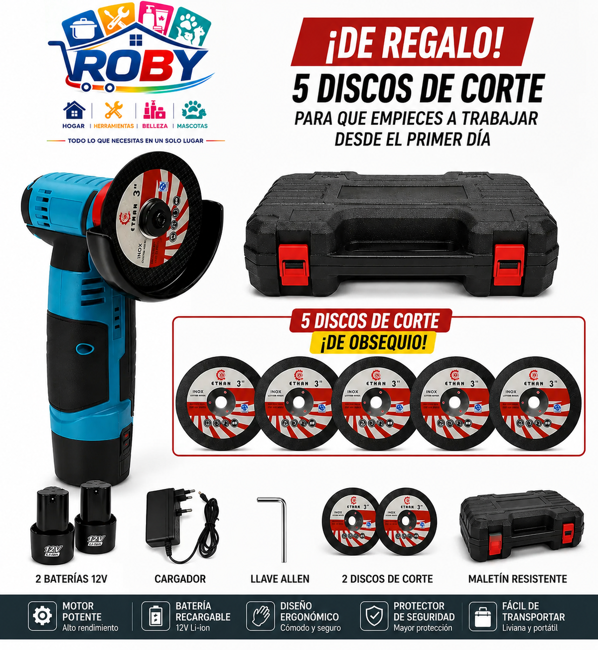 Pulidora Roby Inalambrica Doble Bateria Recargable Estuche 2 Discos
