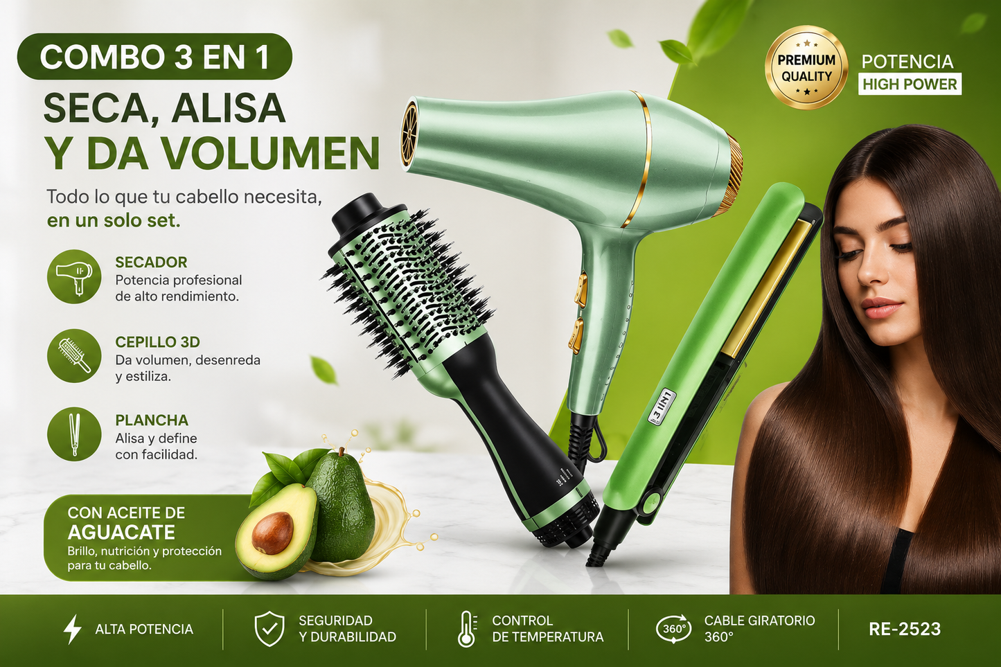 Secador, Plancha Y Cepillo Aguacate Combo Cabello 3 En 1