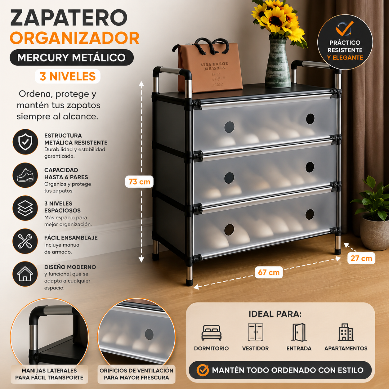 Zapatero Organizador Mercury Metalico 3 Niveles