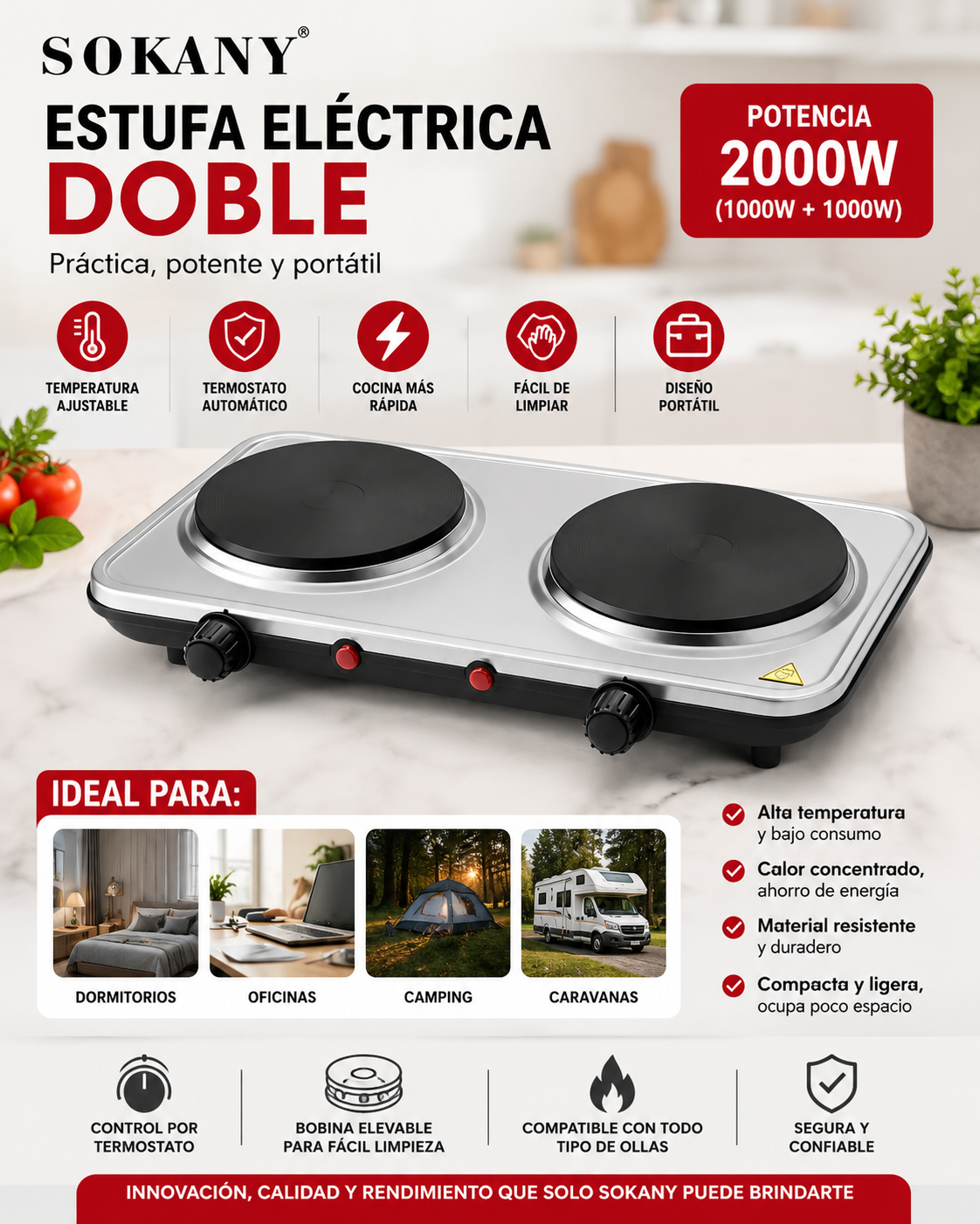 Estufa Electrica Portatil 2 Puestos Quemadores Sokany Inox