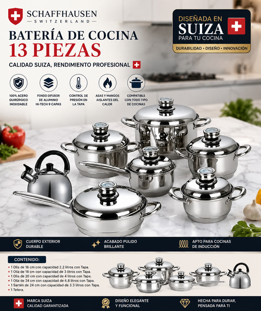 Batería De Ollas 13 Piezas Acero Termostato Schaffhausen Color Plateado