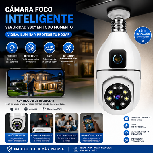Cámara de Seguridad WSC Tipo Bombillo Doble PTZ 2MP Wi-Fi Visión Nocturna