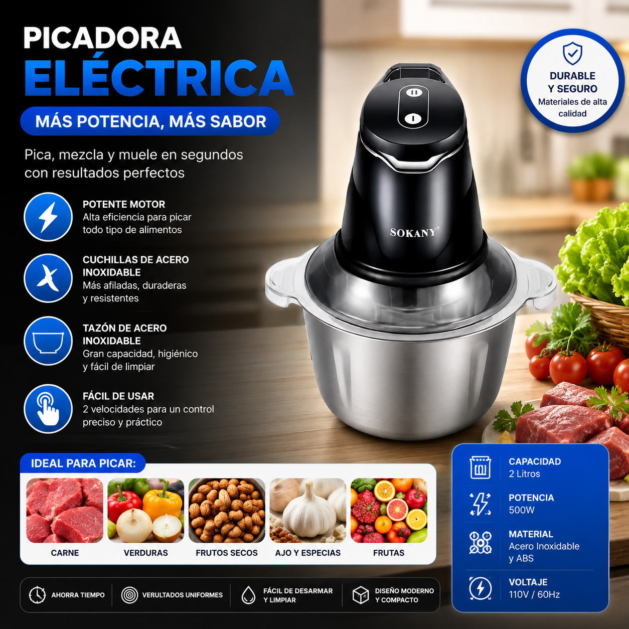 Picadora Eléctrica Sokany 2 Litros Procesador Alimentos Mercury
