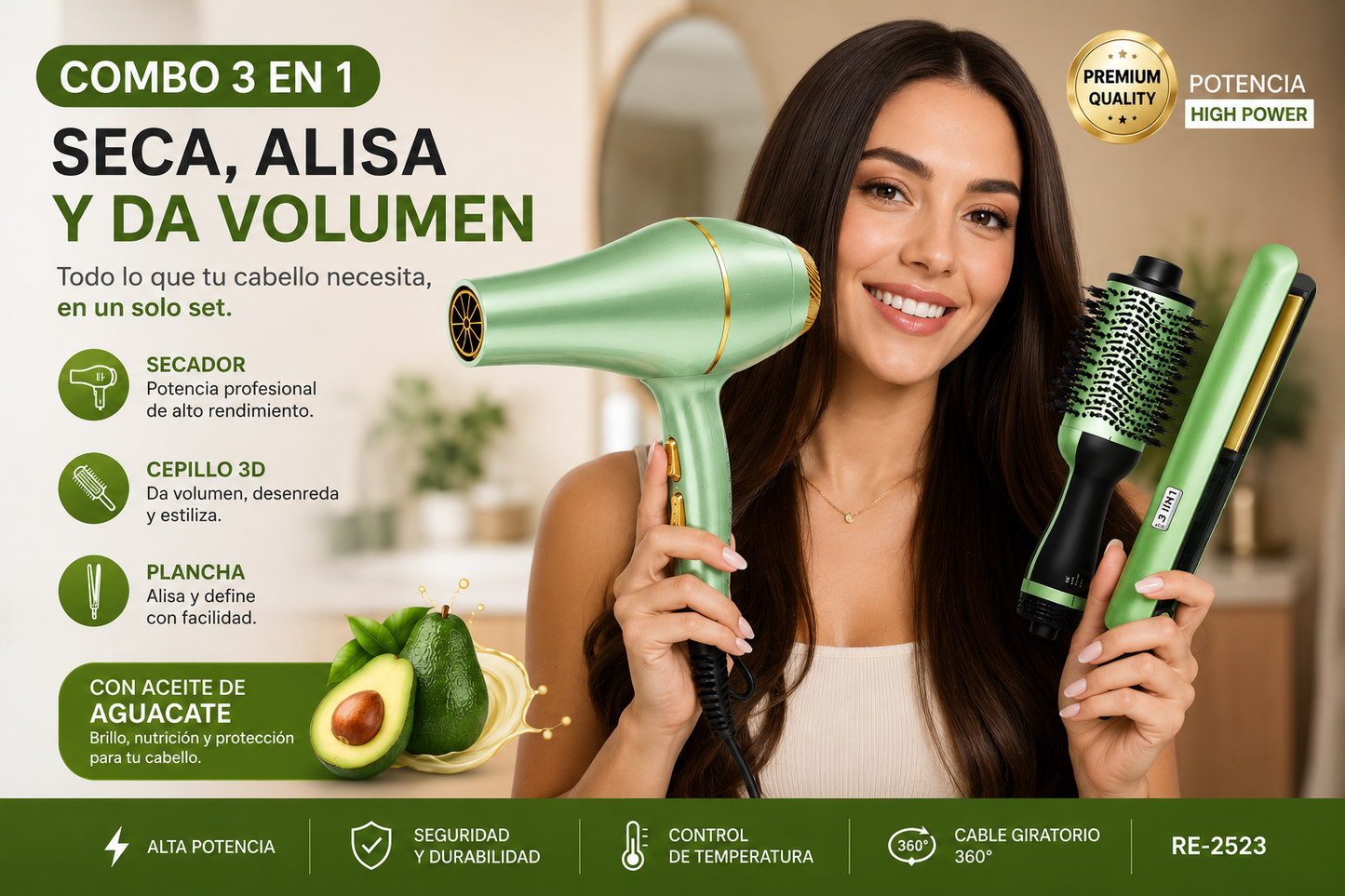 Secador, Plancha Y Cepillo Aguacate Combo Cabello 3 En 1