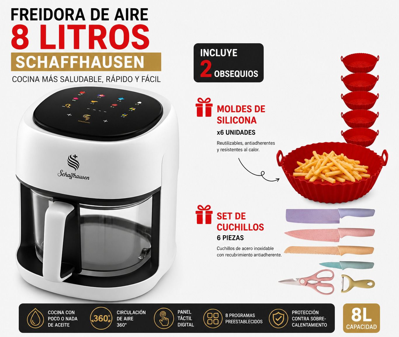 Combo Freidora 8Litros Air Fryer + Obsequios