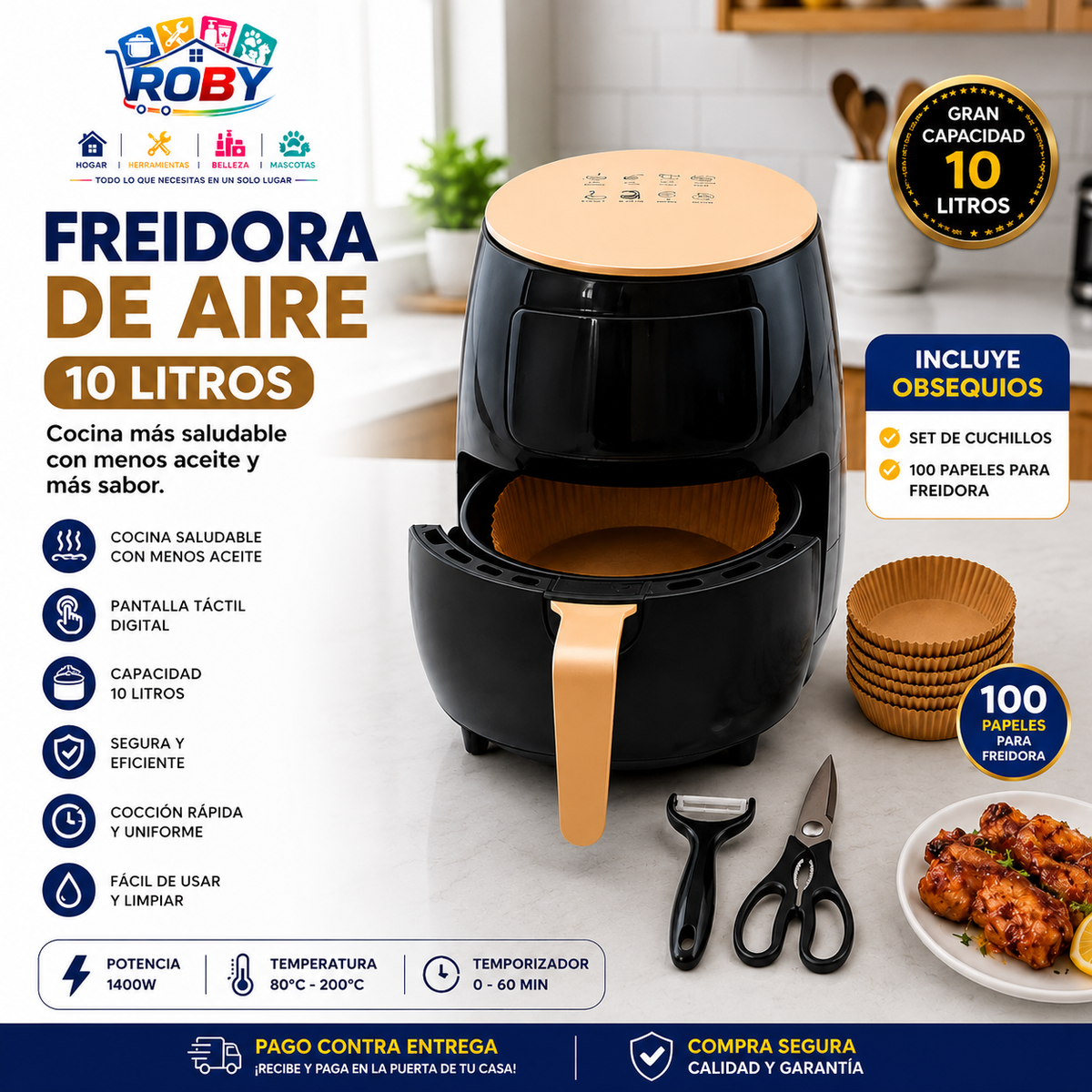 Freidora de Aire 10 litros mas obsequios
